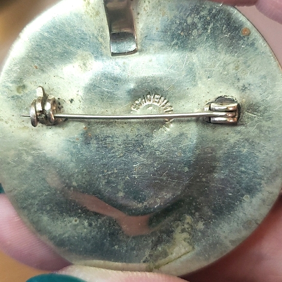 Mexican Light Teal Enameled Vintage Brooch w/ Inlaid Abalone Shell, Alpaca - Picture 3 of 3